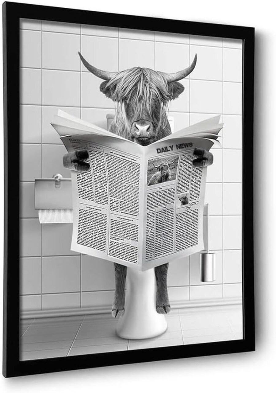 Framed Highland Cow Wall Art, Bathroom Decor Wall Art, Black and White Wall Art, Funny Bathroom Wall Art Signs, Humor Animals Bathroom Artwork, Cute Canvas Print Ready to Hang (Framed,8''x10'')